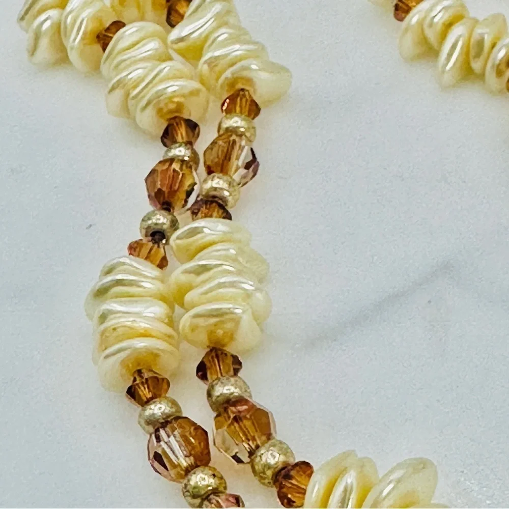 Vintage Stone Pendant Necklace Embroidery Bead Edge Leather Back 25” Long 70s